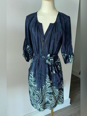 Presley Skye 100% silk Navy Blue Printed Midi Dress with Belt